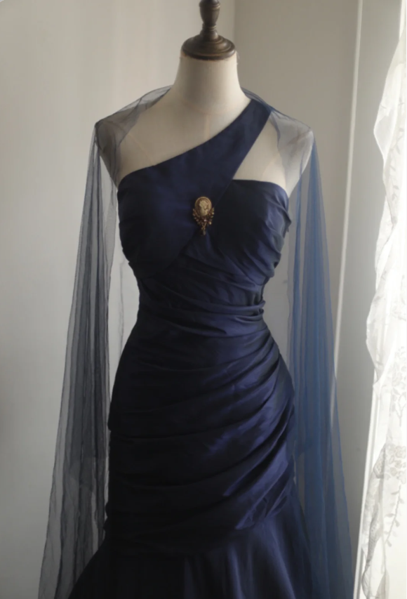 Vintage Navy Blue Mermaid One-shoulder Satin Long Prom Dress Evening Dress P4237