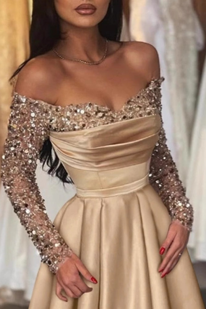 Off Shoulder Long Sleeve Sequin Draped Satin A-Line Maxi Gown 2