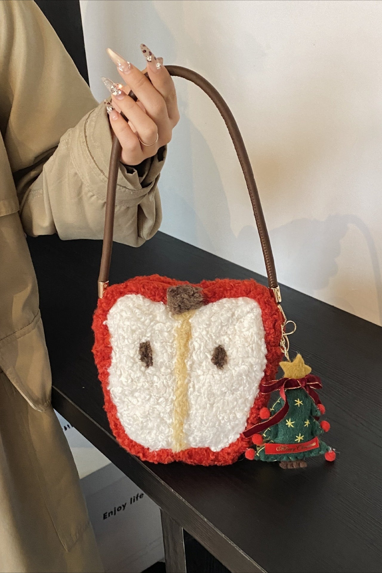 Fuzzy Sherpa Apple Bag Cute Mini Handheld Shoulder Crossbody Bag