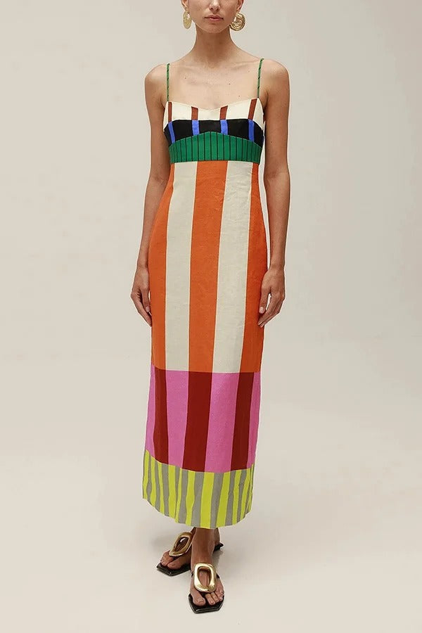 Beach Moment Linen Blend Unique Color Block Slip Maxi Dress - Fashionpara