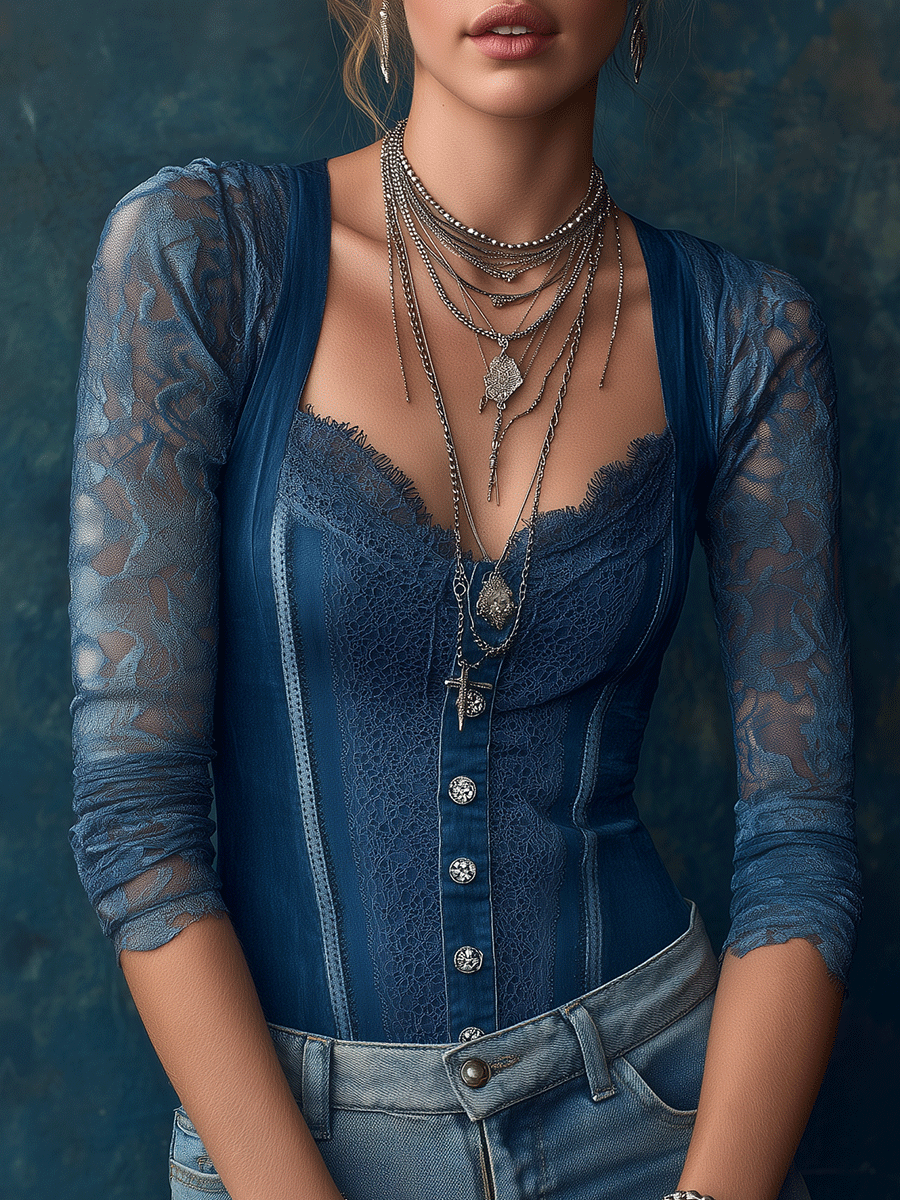 Romantic Lace-Sleeve Denim Corset Denim Blouse