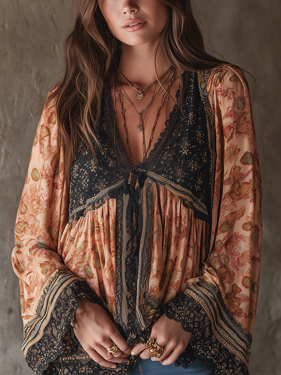 Bohemian Floral Lace Trim Blouse - Fashionpara