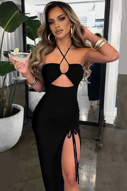 Sexy Halter Backless Cut Out Slit Maxi Dress