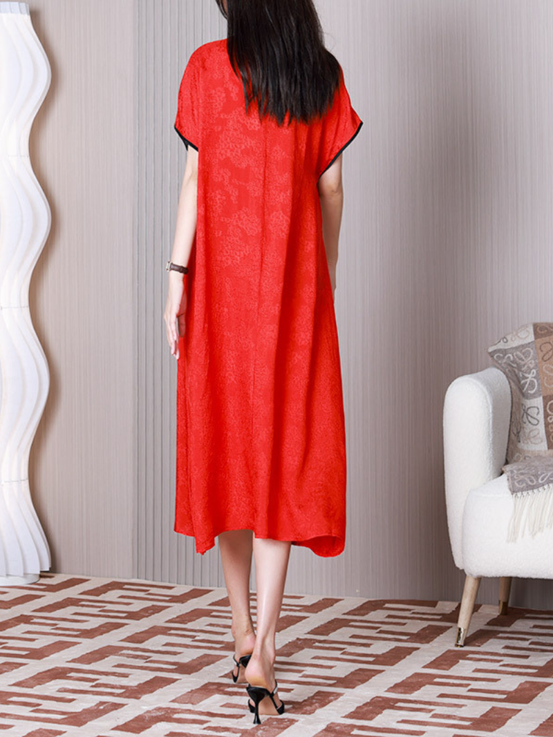 Jacquard Keyhole V-Neck Short-Sleeve A-Line Midi Dress 4