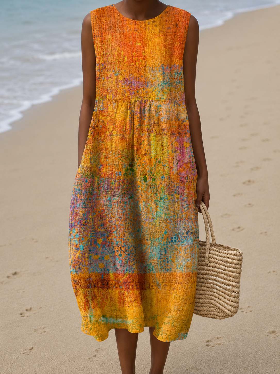 Abstract Print Sleeveless Crew Neck Tiered Midi Dress