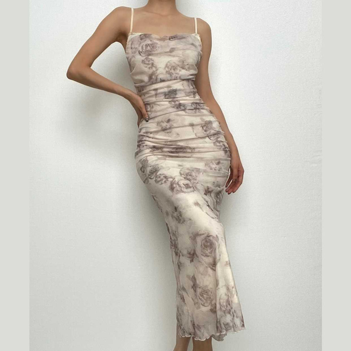 Floral Print Spaghetti Strap Ruched Mermaid Maxi Dress
