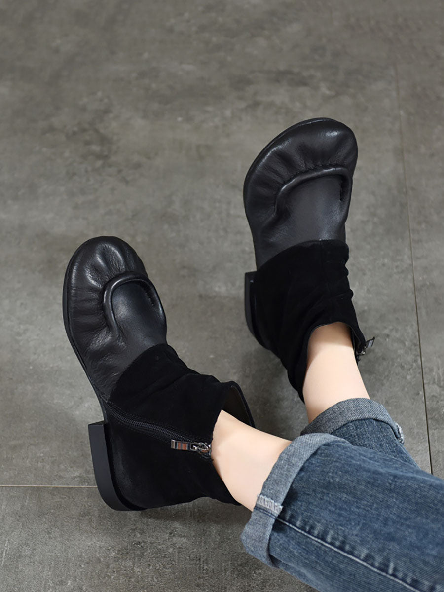 Vintage Suded Leather Spliced Low Heel Boots