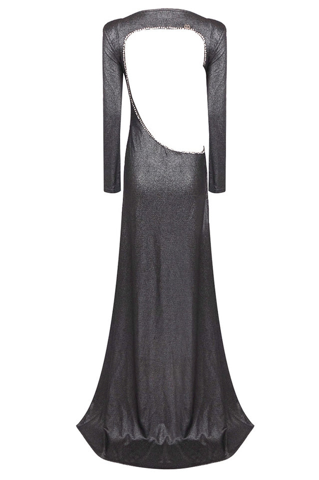 Sequin Long Sleeve Open Back High Slit Maxi Gown