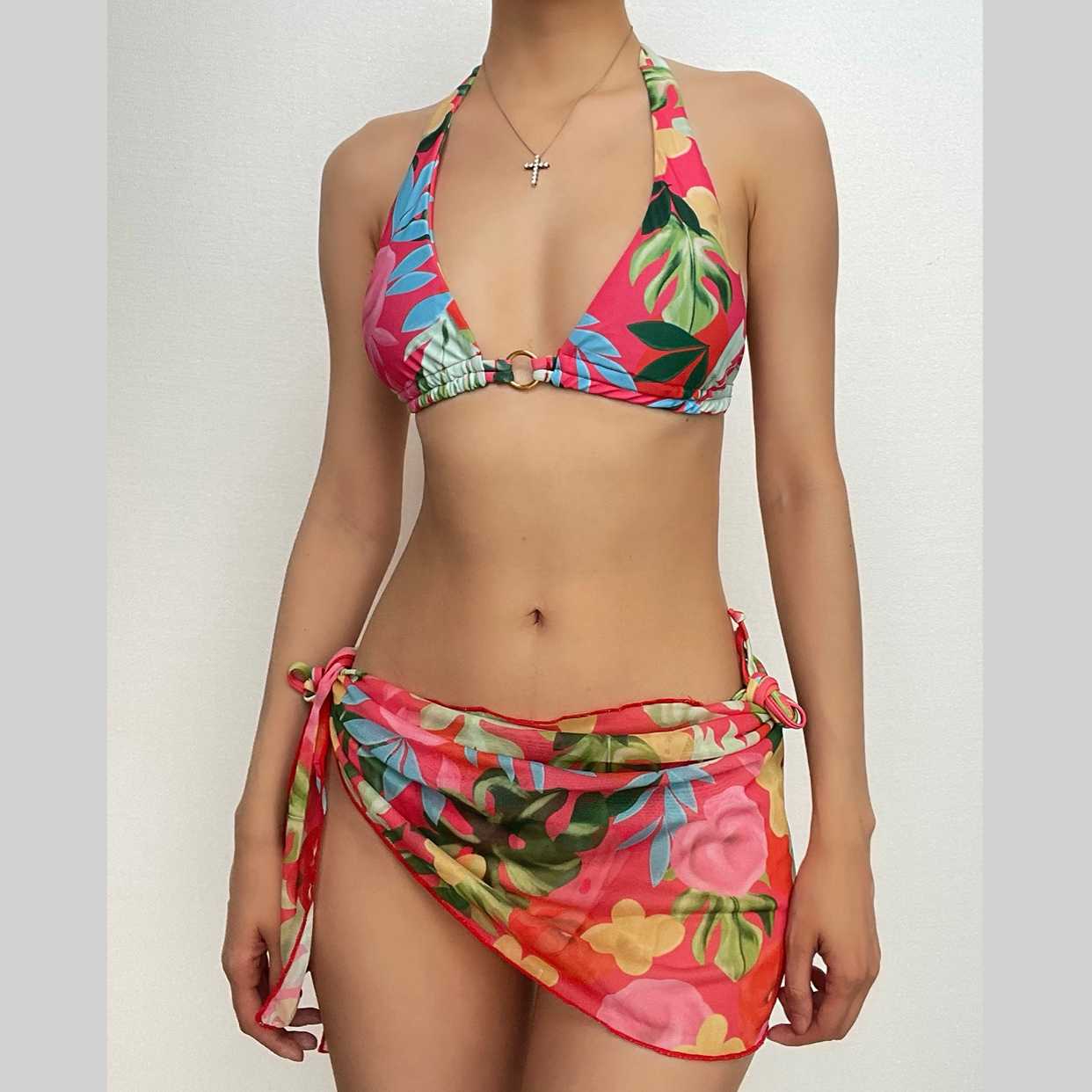 Flower print drawstring self tie halter backless mesh 3 piece swimwear