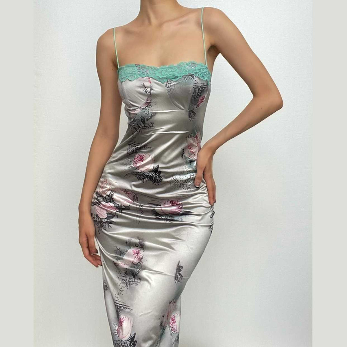 Satin Floral Lace Trim Spaghetti Strap Ruched Bodycon Midi Dress