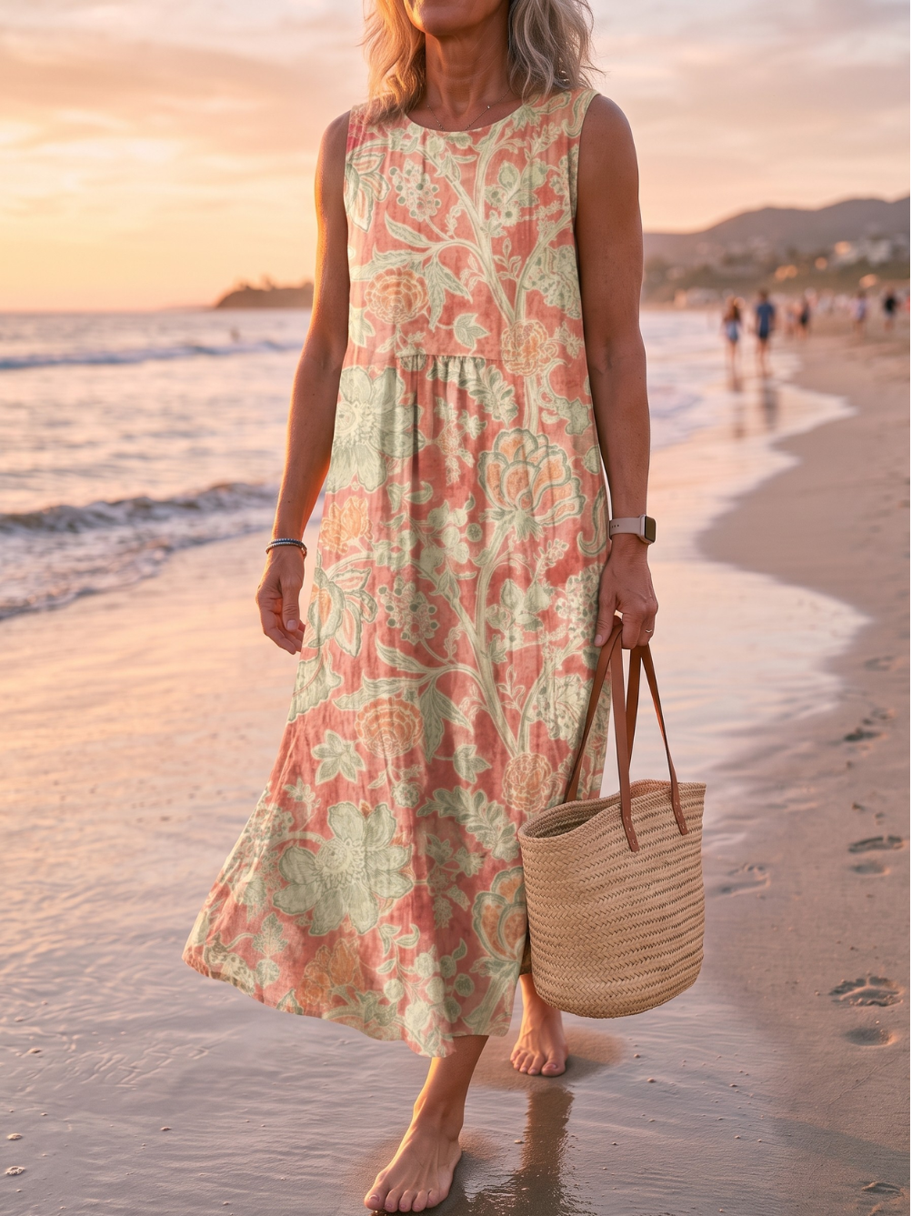 Floral Print Round Neck Sleeveless Tiered Midi Dress