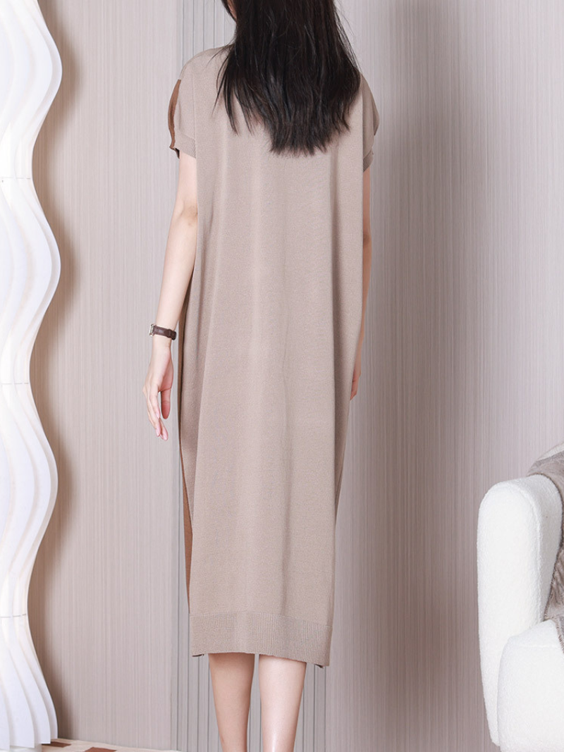 Two-Tone Knit Round-Neck Short-Sleeve Cocoon Midi Dress 7