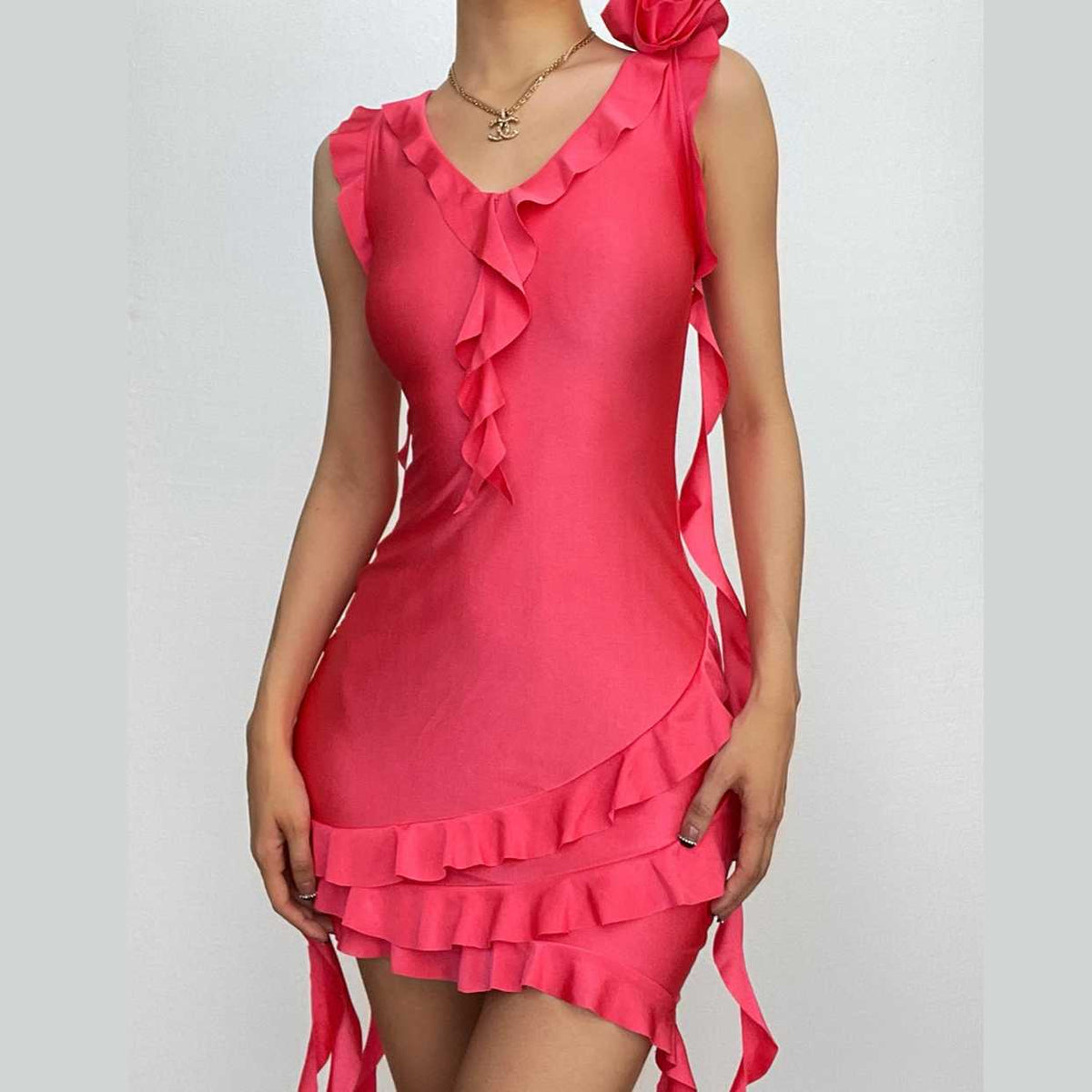 V-Neck Sleeveless Ruffle Flower Applique Asymmetric Mini Dress