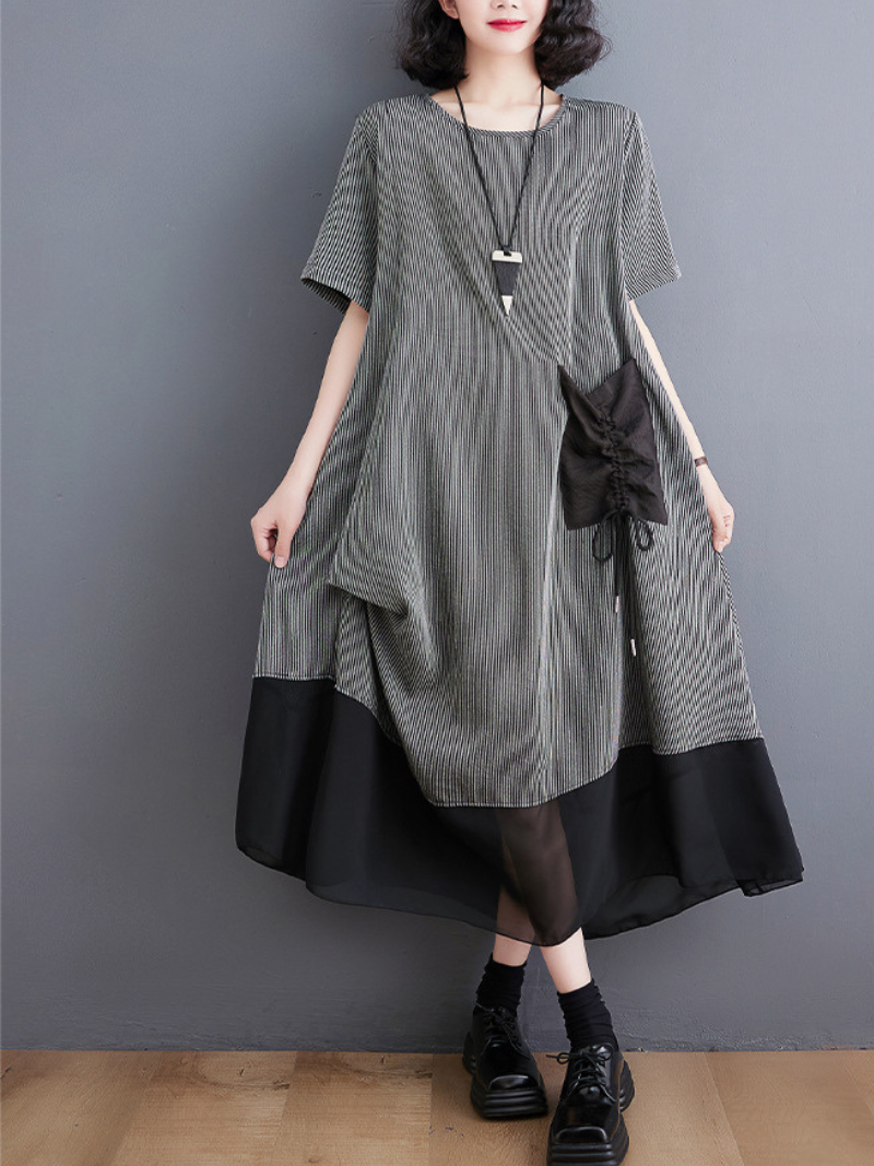 Round Neck Short Sleeve Spliced Pocket A-Line Midi Dress 5