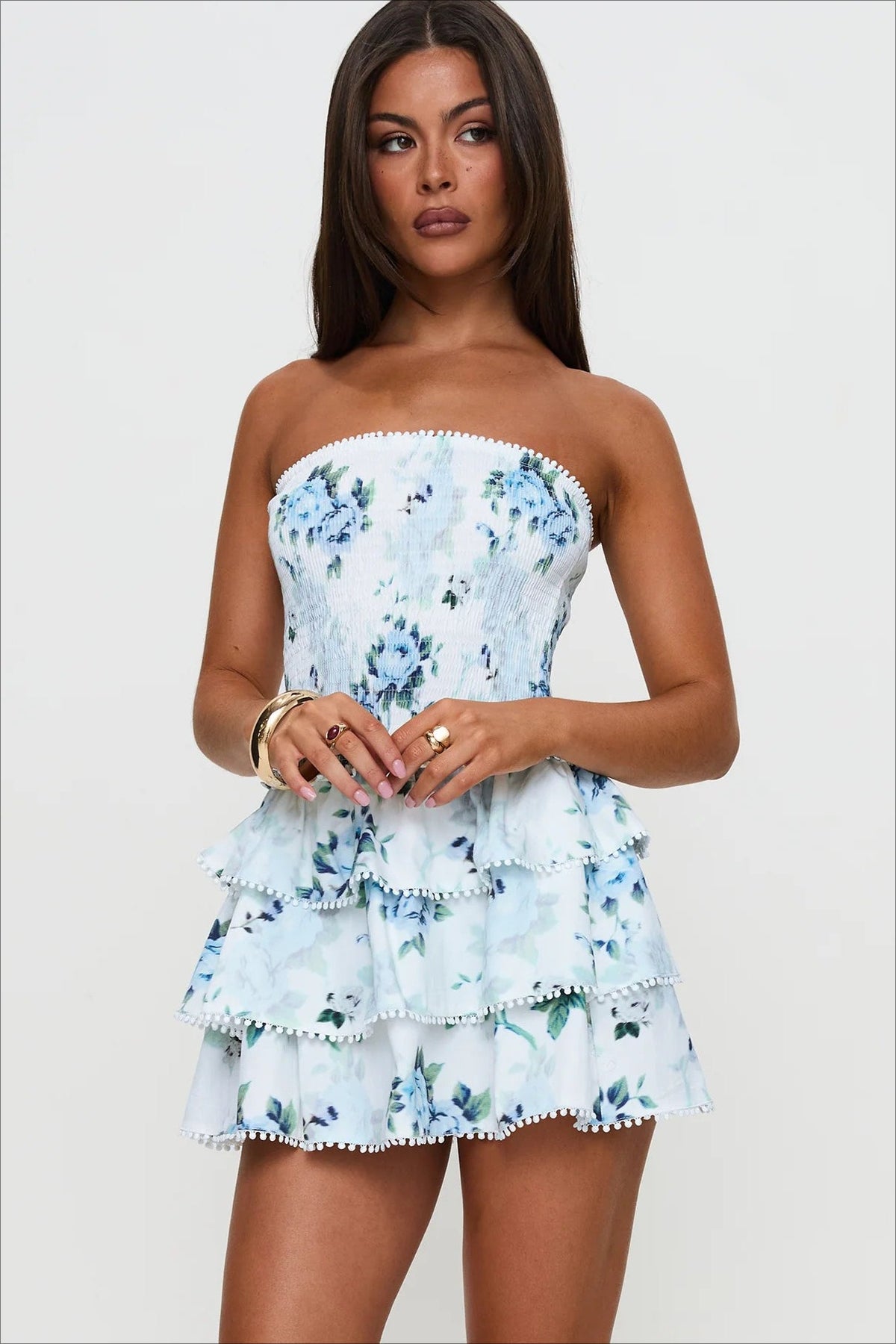Floral Strapless Shirred Tiered Ruffle Mini Dress