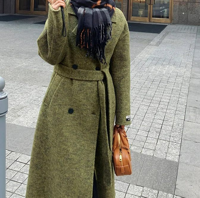 Green Wool Lapel Double-Breasted Overcoat