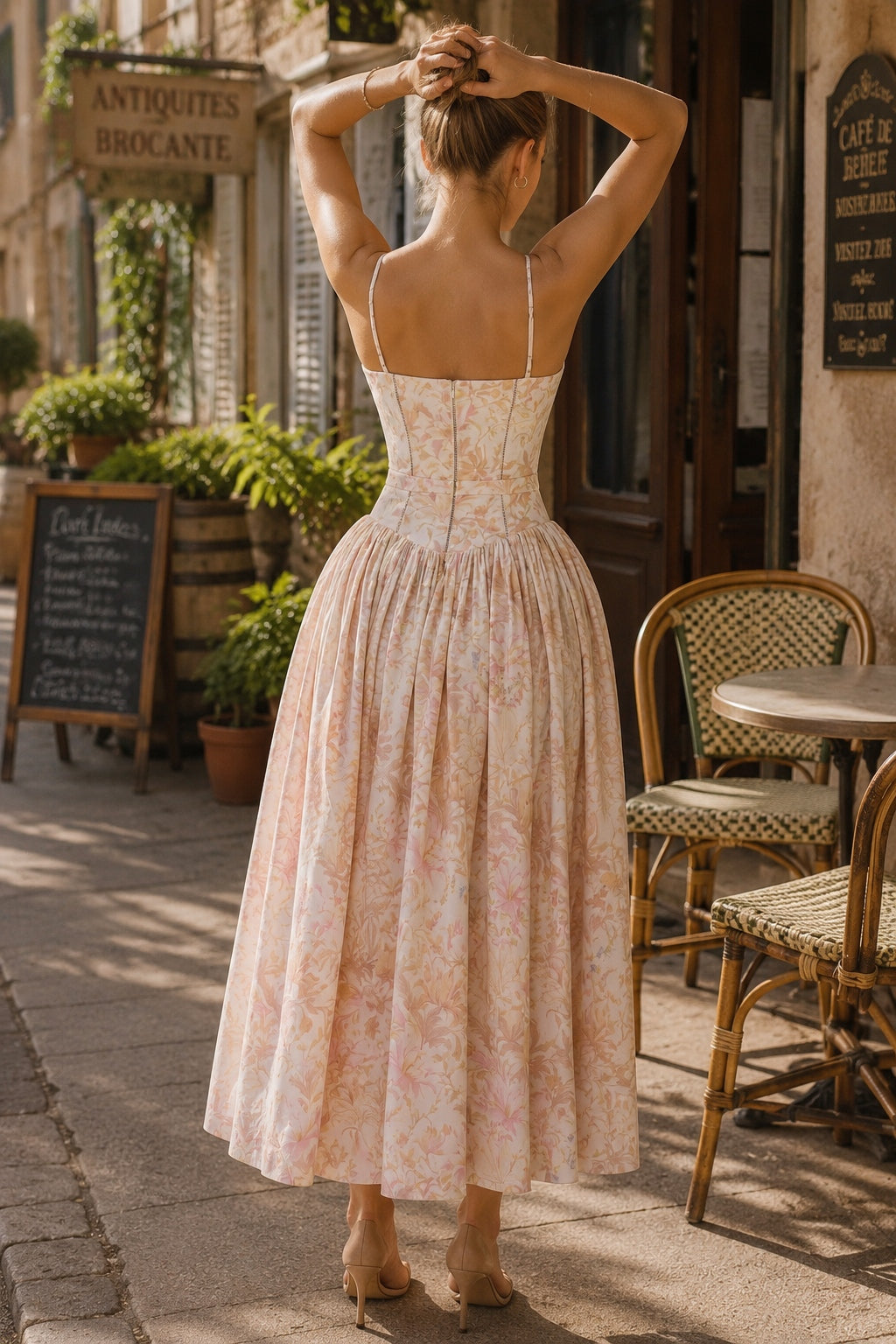 Square Neck Floral Corset Bodice Full Skirt Midi Dress 8