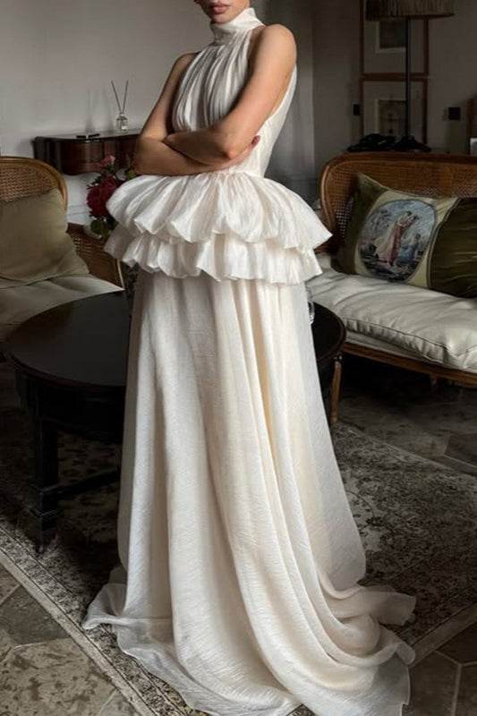 Crinkle Organza Halter Neck Peplum Waist Maxi Dress 2