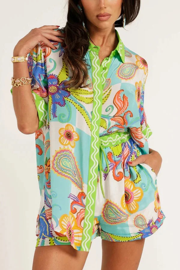 Unique Printed Short-sleeved Casual Loose Shirt and Elastic Waist Drawstring Pocket Shorts Set - Fashionpara