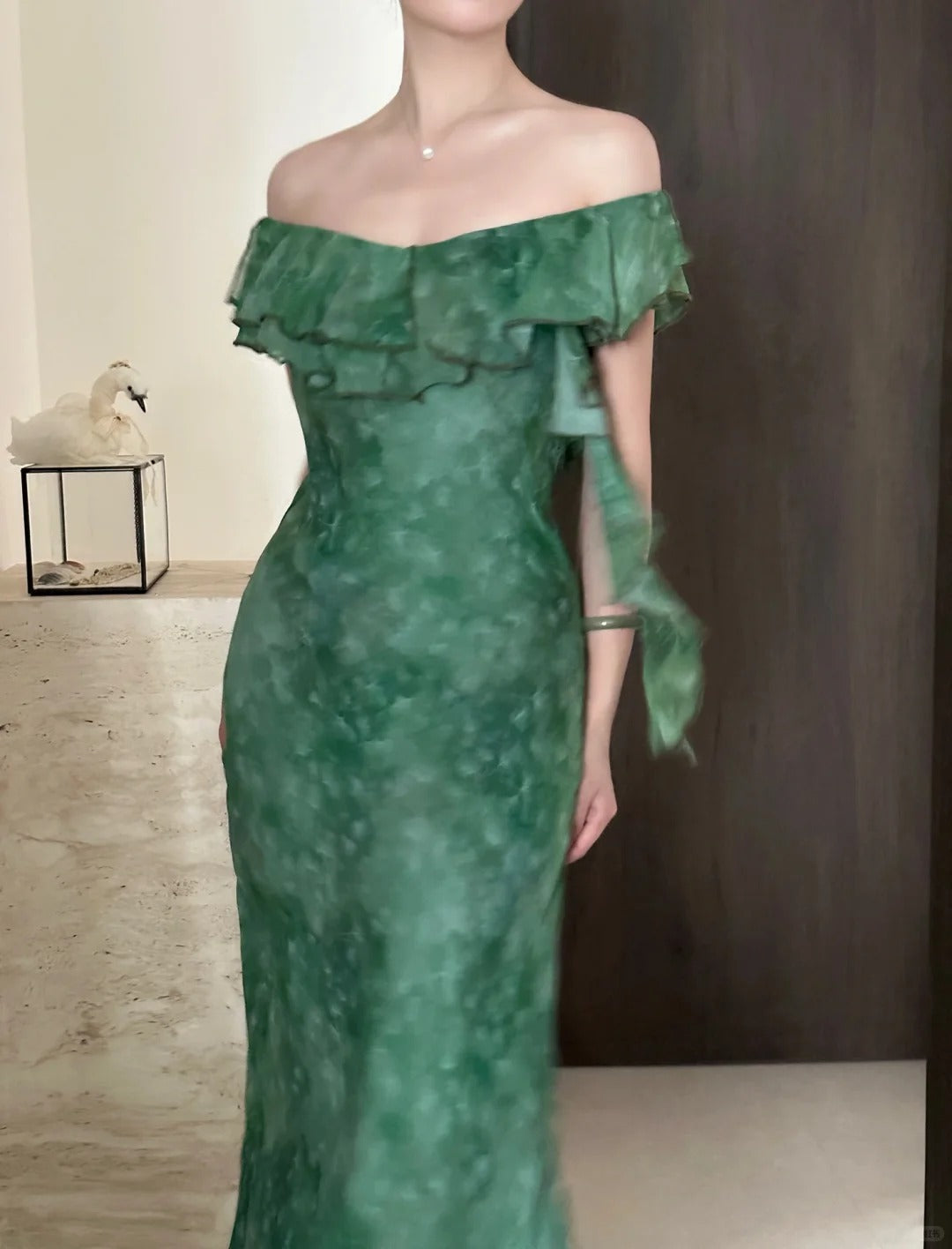 Elegant Dark Green Mermaid Ruffled Chiffon Long Prom Dress Evening Dress P4024