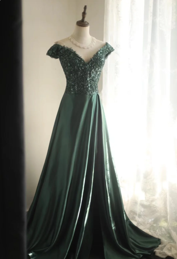 Elegant Dark Green A-line Off-shoulder Sequined Satin Long Prom Dress Evening Dress P4240
