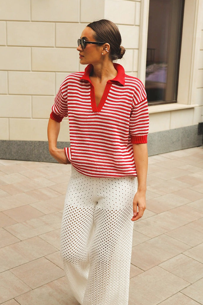 Striped Open Collar Short Sleeve Knit Sweater 12