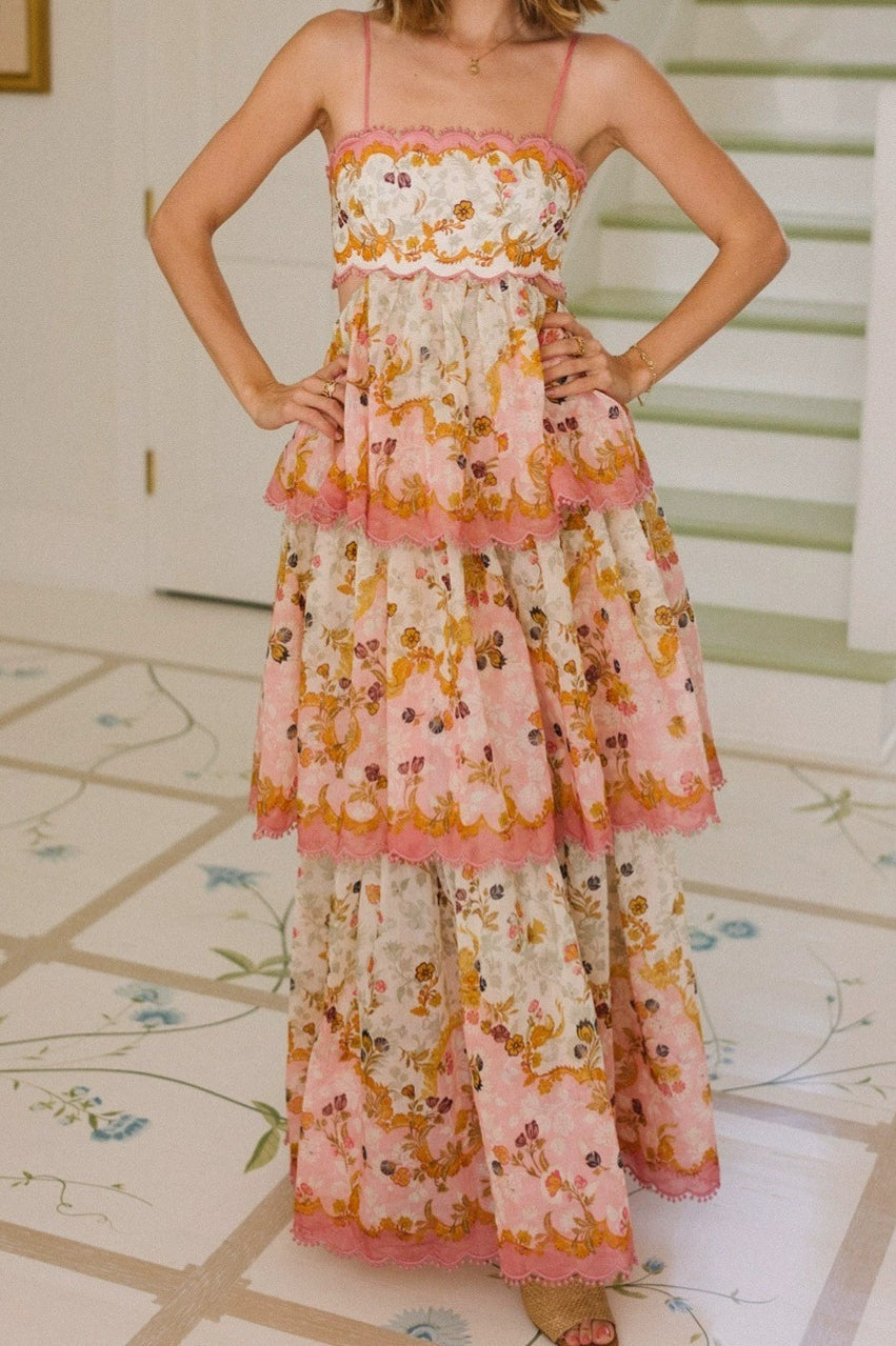 Floral Print Strappy Scalloped Tiered Maxi Dress