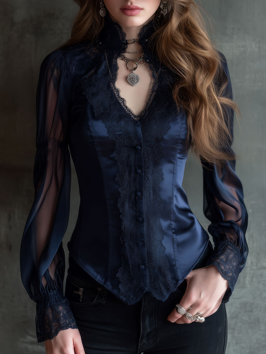 Vintage Victorian Navy Satin And Lace Blouse With Sheer Sleeve