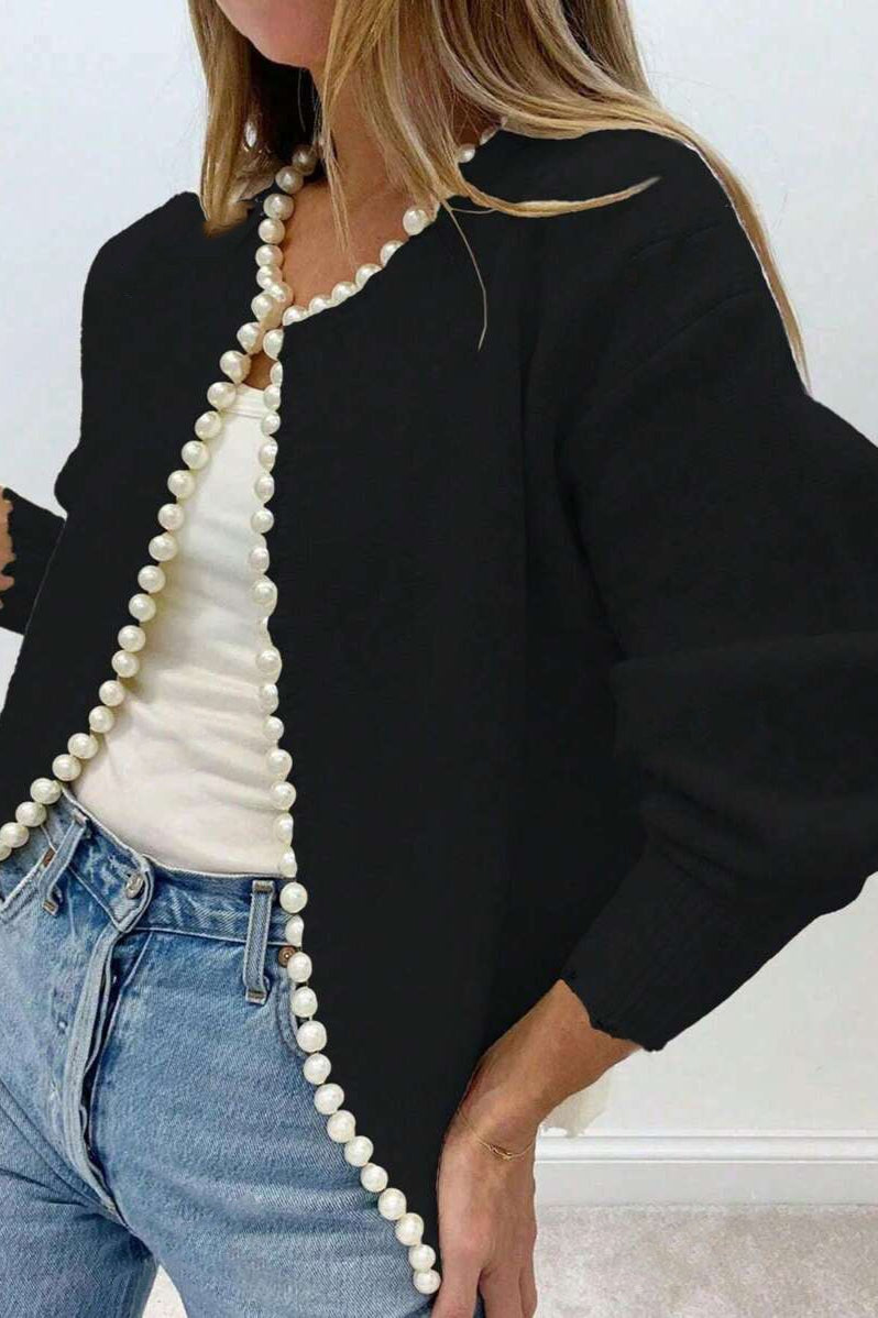 Pearl-Trimmed Heavy-Detail Knit Cardigan for Chic Elegance