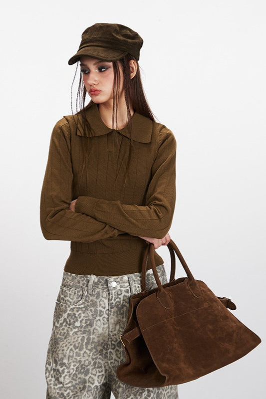 Ribbed Polo Neck Cropped Knit Top