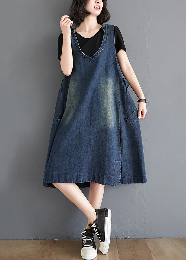 Denim Deep V-Neck Sleeveless Patch Pocket Distressed Wash Dress