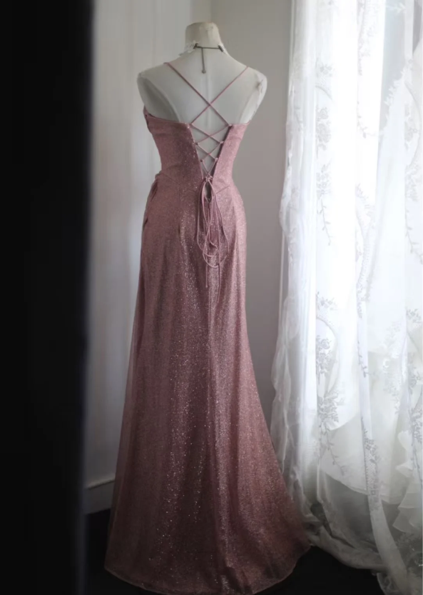 Elegant Pink Mermaid Spaghetti Strap Sequined Long Prom Dress Evening Dress P4244