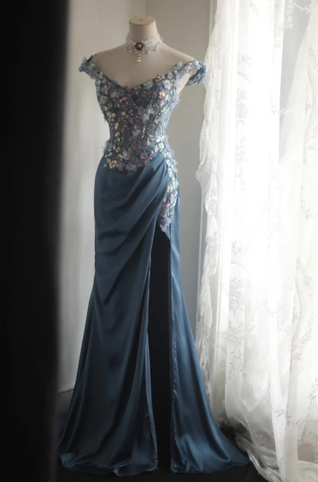 Gorgeous Blue Off-Shoulder Sequined 3D Floral Satin Long Prom Dress Evening Dress P4245
