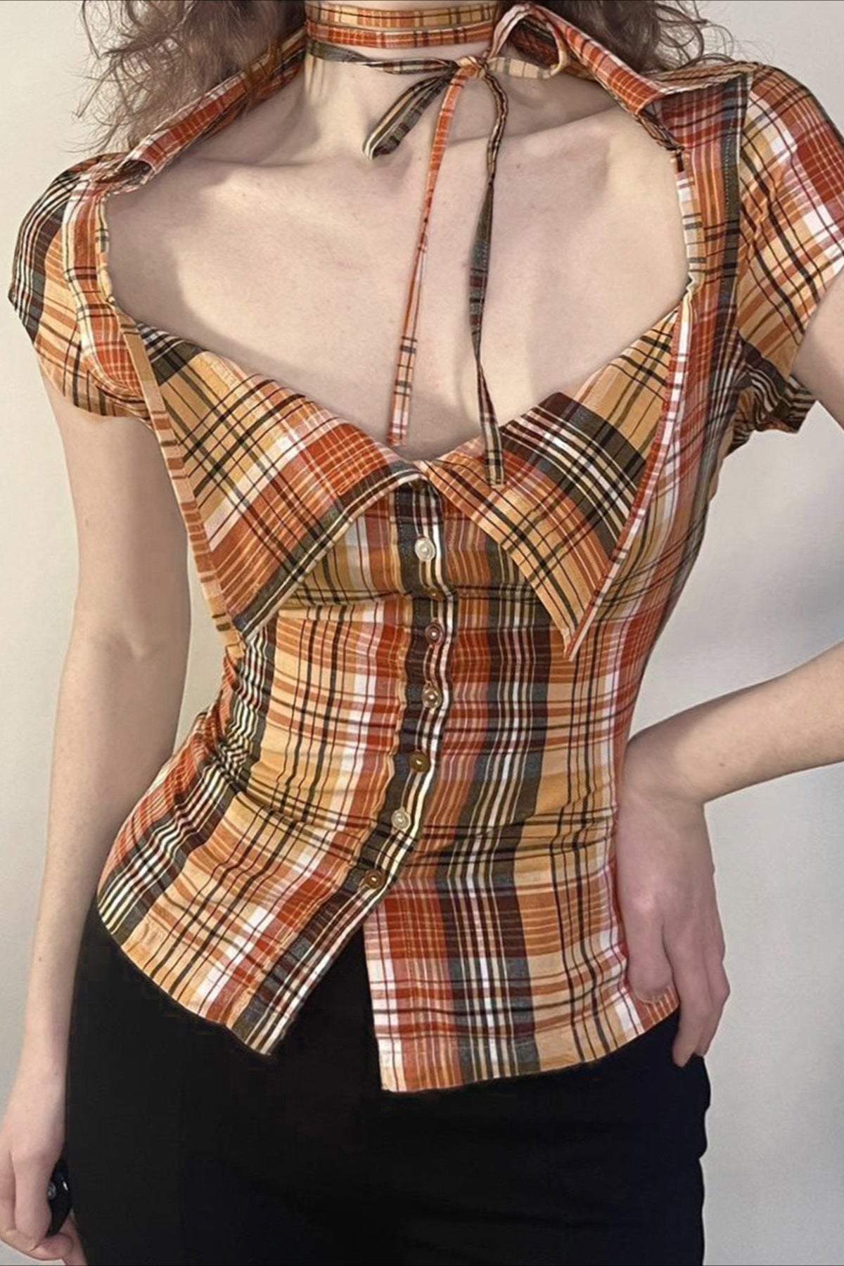 Plaid Fitted Waist Tie Neck Short Button Front Blouse