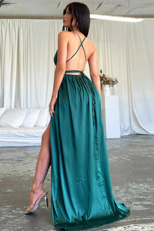 Satin V-Neck Waist-Cinching Split Dress Party Dress