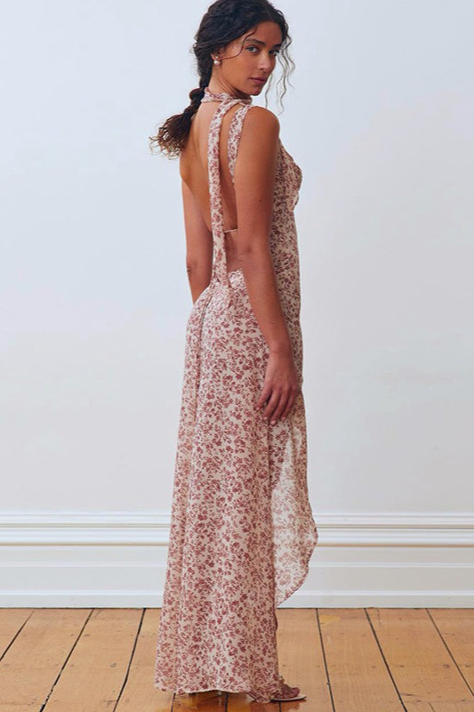 Floral Print Backless Cowl-Neck Slip Maxi Dress 3