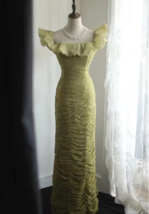 Vintage Green Fitted Off-Shoulder Ruffled Chiffon Long Prom Dress Evening Dress P4247
