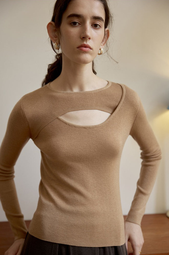 Sheer Panel Slim Wool Knit Top