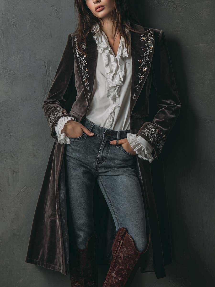 Embroidered Velvet Long Coat – Baroque Brown