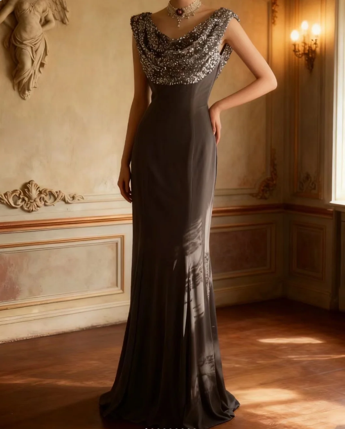 Vintage Black Mermaid Sequin Satin Long Prom Dress Evening Dress P4248