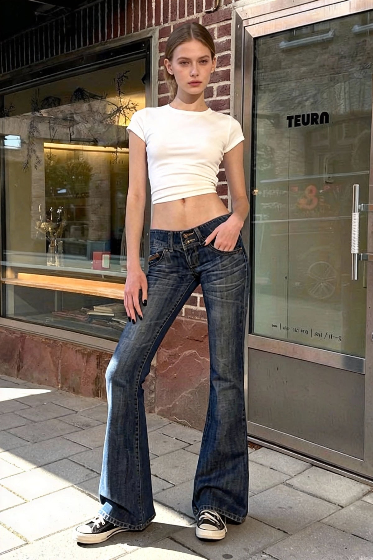 Low-Rise Vintage Washed Flared Denim Jeans