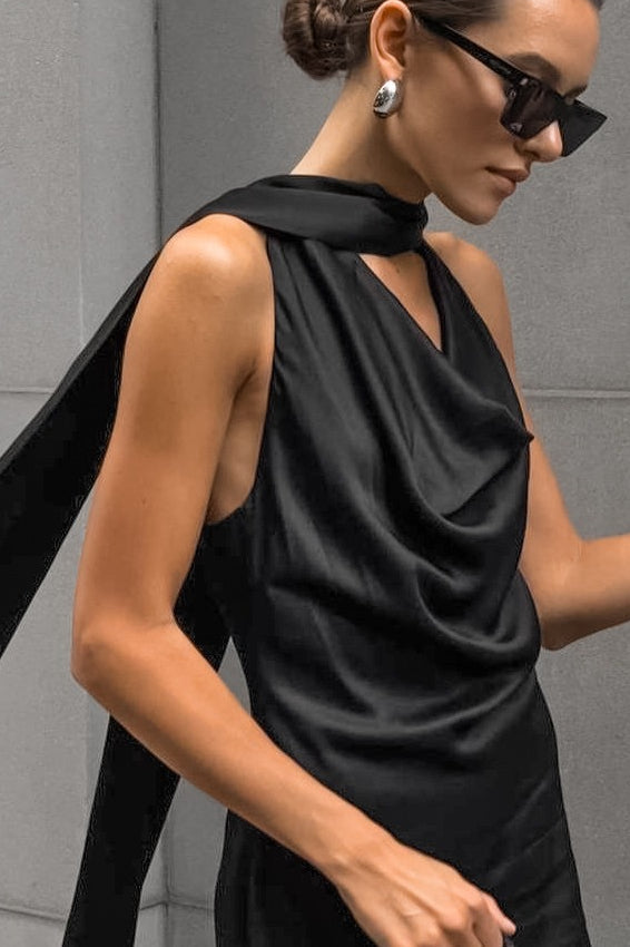 Black Satin Halter Maxi Dress