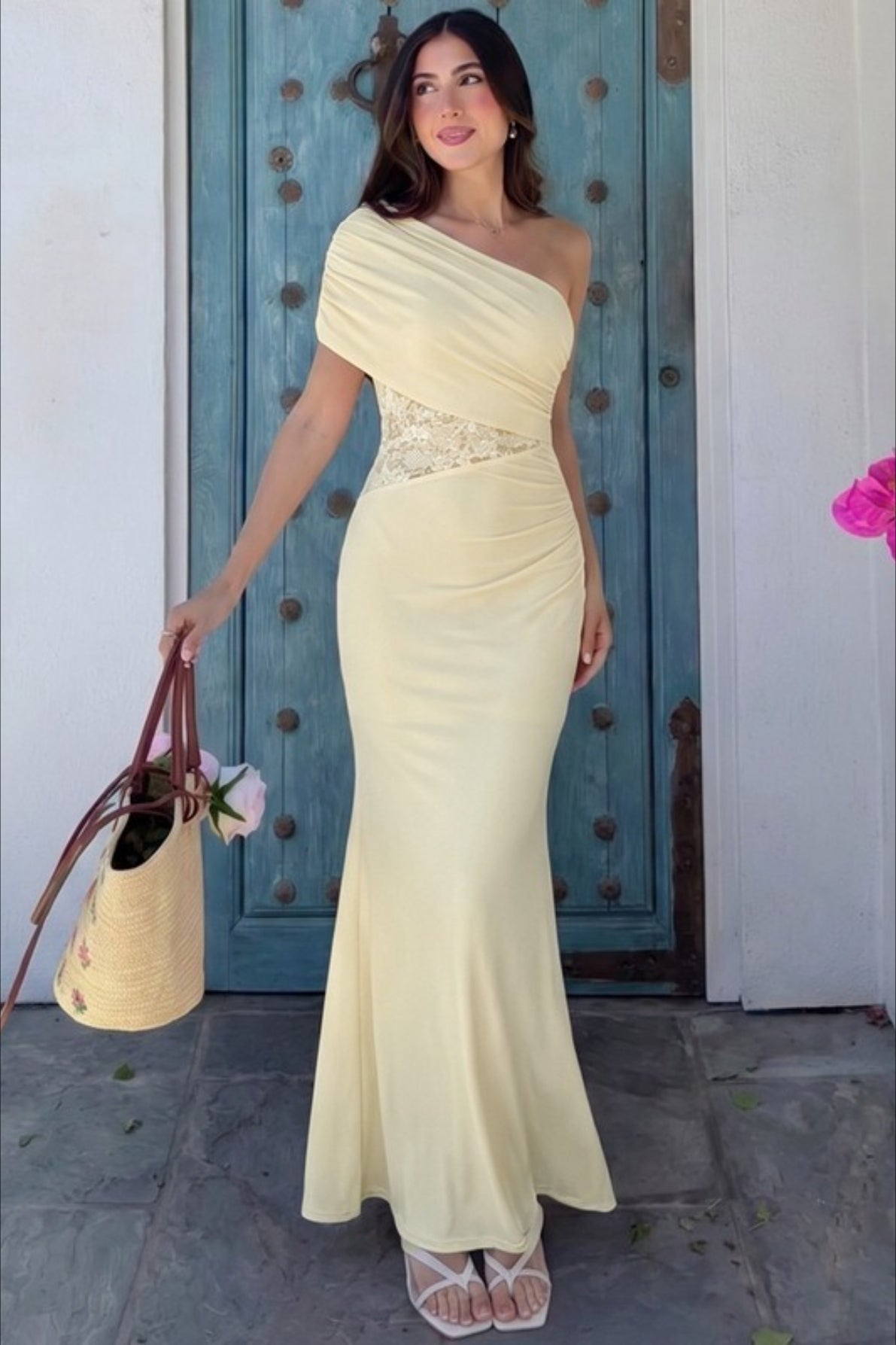 One-Shoulder Lace Cut-Out Ruched Mermaid Gown