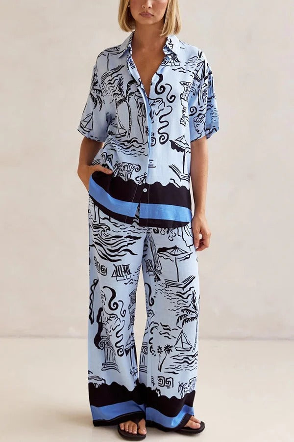 Fashionable Plant Print Loose Lapel Short Sleeve Shirt and Casual Elastic Waist Pocket Pants Set - Fashionpara