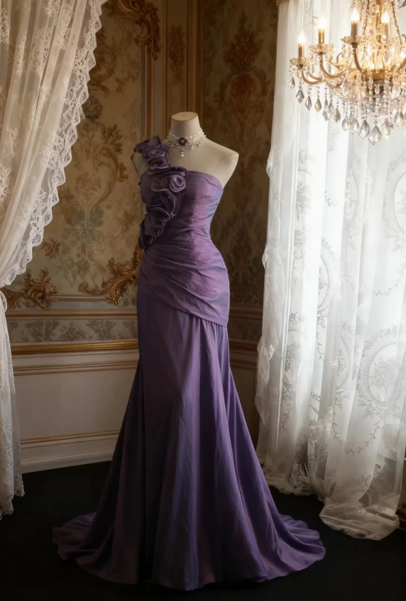 Retro Elegant Purple 3D Floral One-Shoulder Mermaid Satin Long Prom Dress Evening Dress P4249