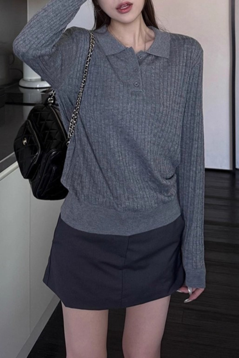 Cable Stitch Collared Knit Top
