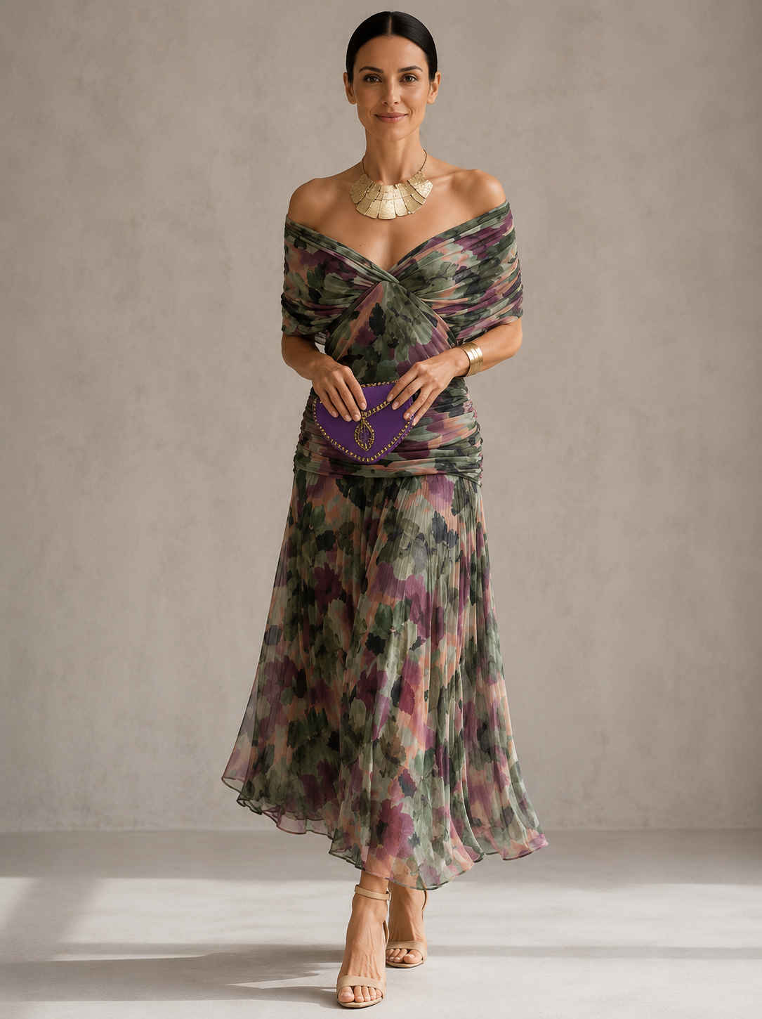Floral Print Off Shoulder Twist Front Pleated Maxi Dress