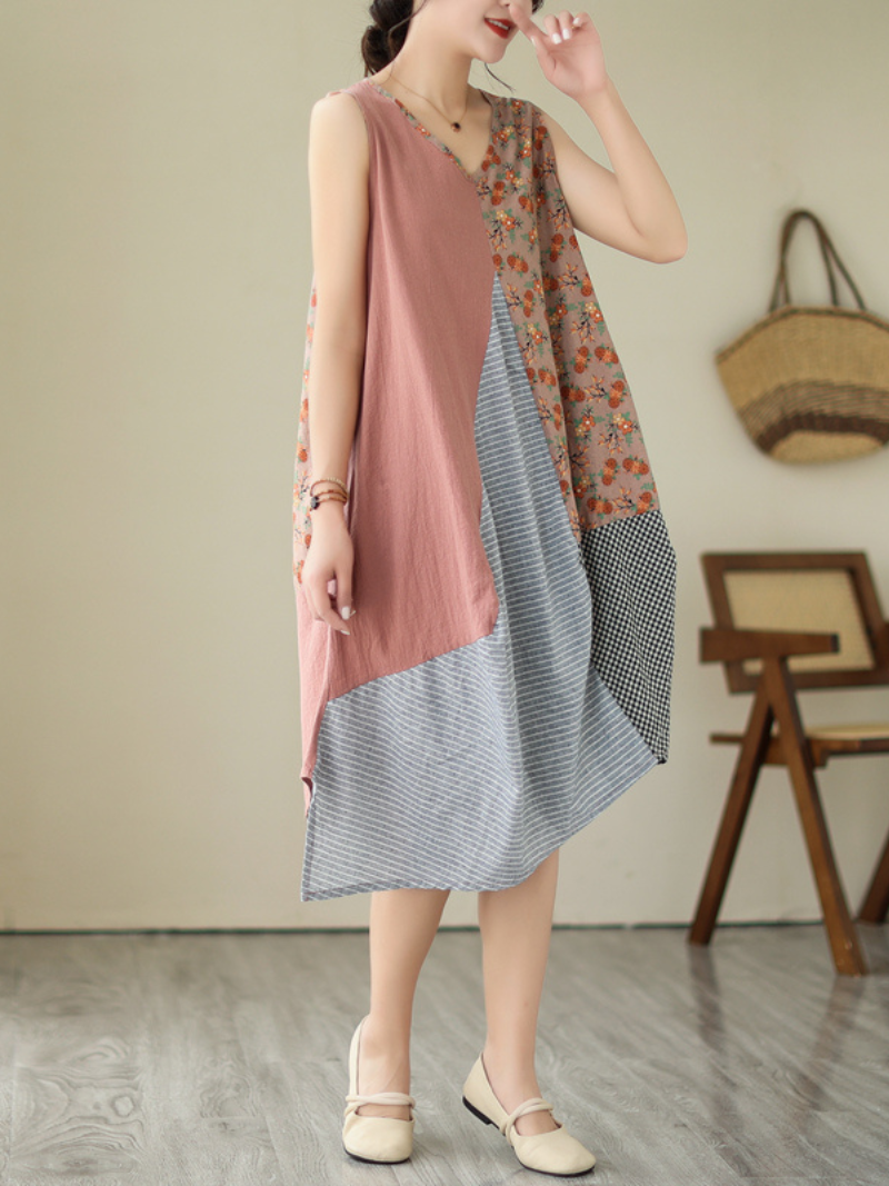 Plaid Patchwork V-Neck Sleeveless Cocoon Midi Dress 6