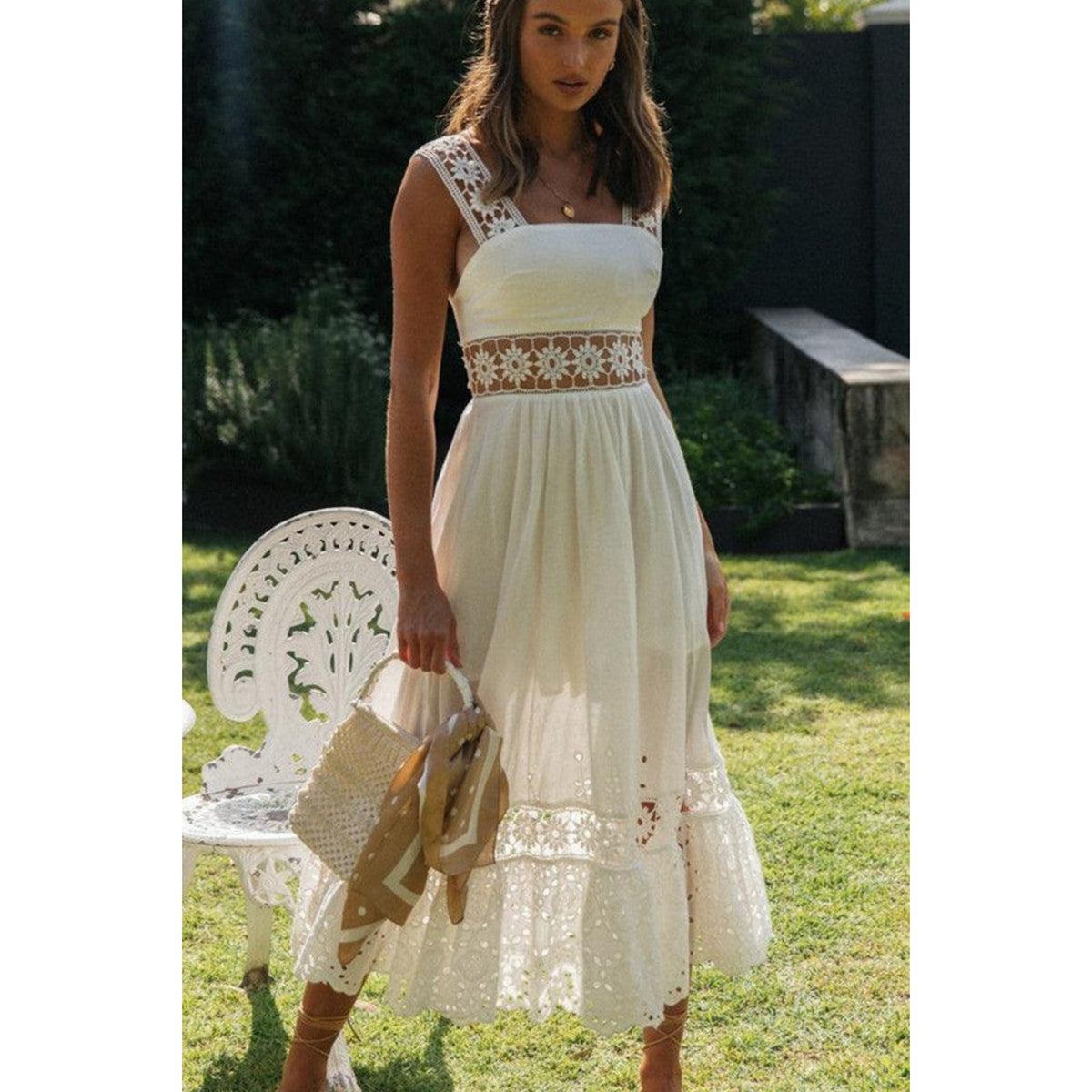 Square Neck Lace Strap Tiered Eyelet Embroidered Midi Dress