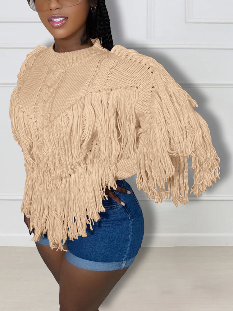 Tassel Fringe Cable Knit Sweater